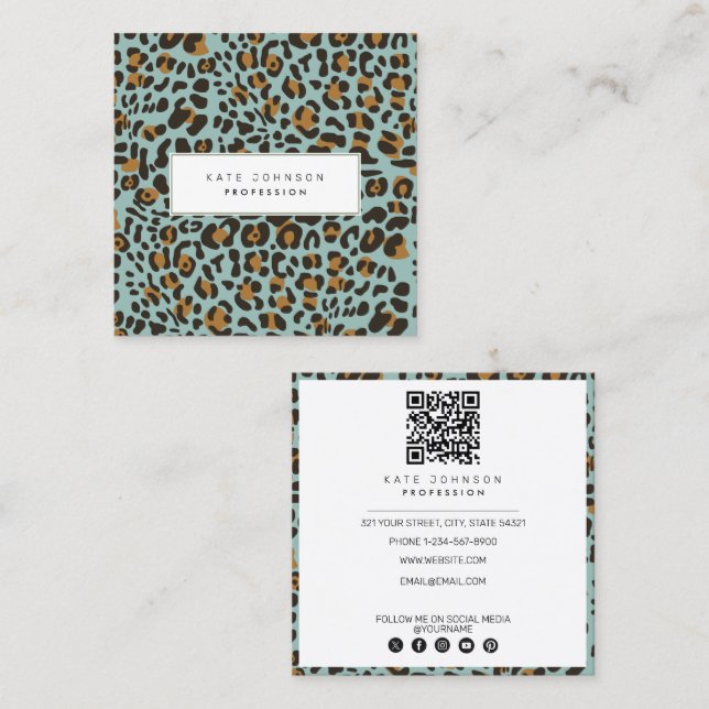 Animal Skin Leopard Print Pattern Sage QR Code  Square Business Card (Front/Back)