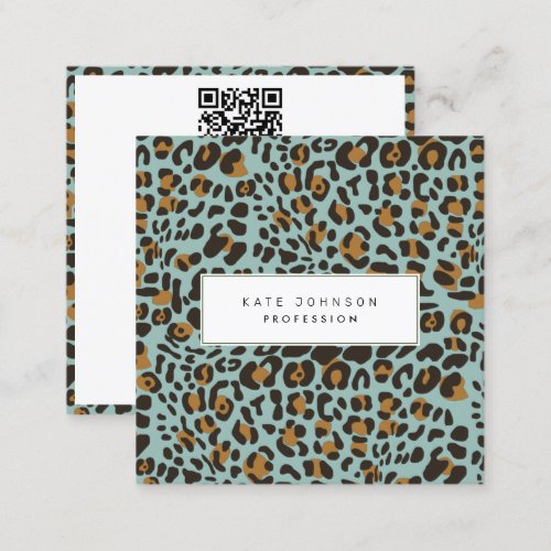 Animal Skin Leopard Print Pattern Sage QR Code  Square Business Card