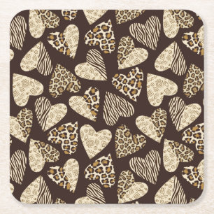 Animal skin with hearts square paper coaster