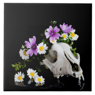 Animal skull with a wreath of wild flower ceramic tile