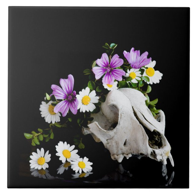 Animal skull with a wreath of wild flower ceramic tile (Front)