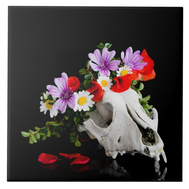 Animal skull with a wreath of wild flower ceramic tile (Front)