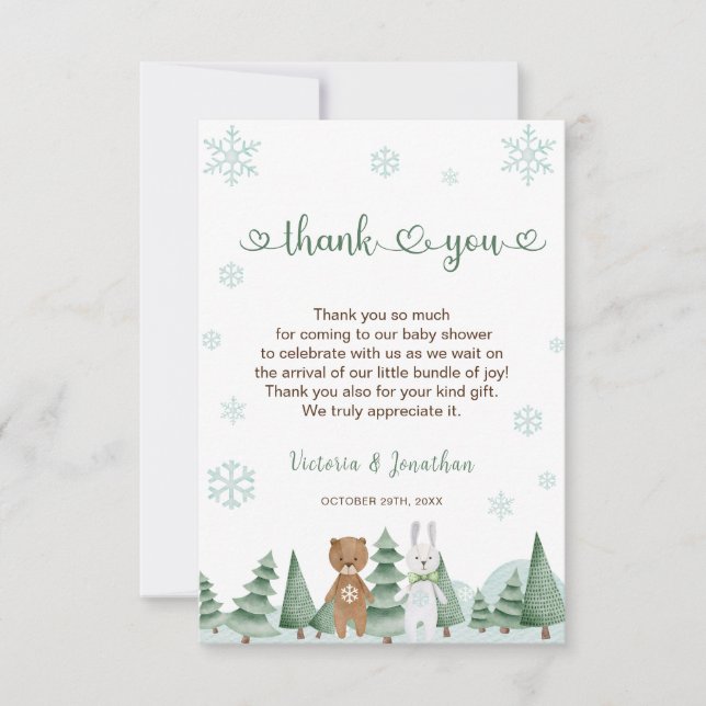 Animal snowflake Winter Baby Shower Thank You Card (Front)