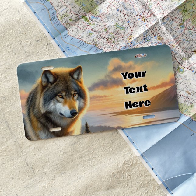 Animal Spirit Wolf at Sunset Your Text  License Plate (In Situ)