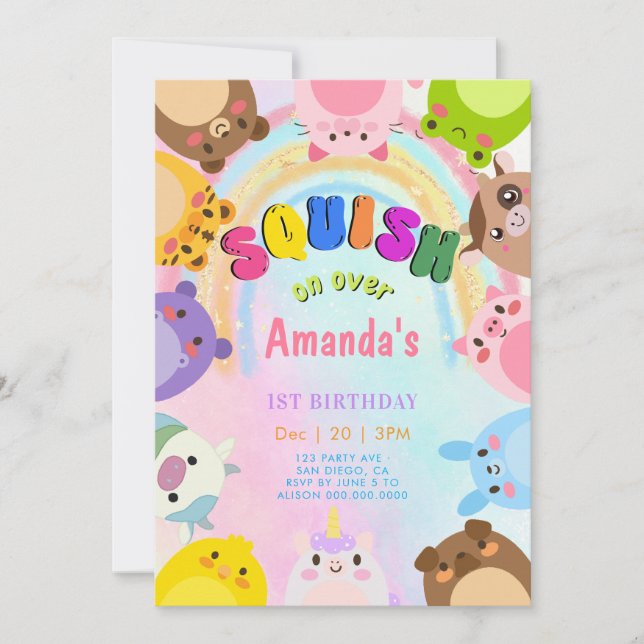 Animal Squish On Over rainbow  girl Birthday Invitation (Front)
