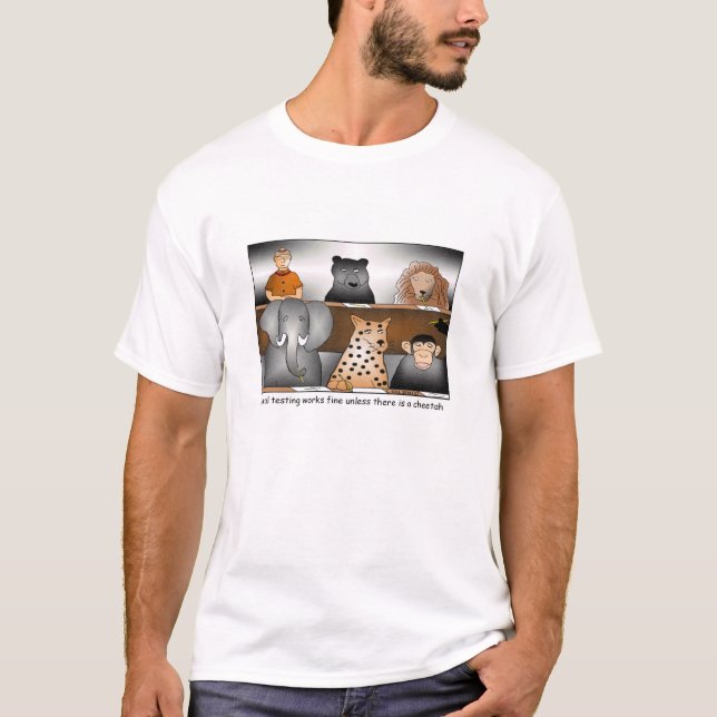 Animal Testing Cartoon T-shirt (Front)