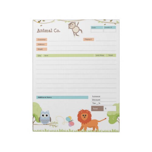 Animal Theme Order Form and Invoice Notepad
