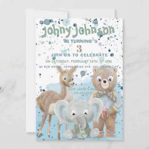 Animal themed baby boy birthday invitation