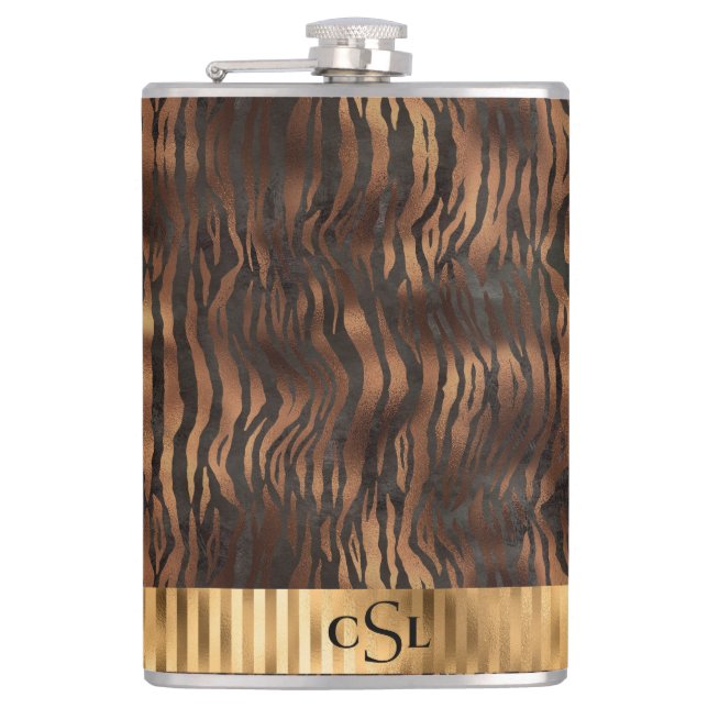 Animal Tiger Monogram Print Gold Elegant Metallic Flask (Front)