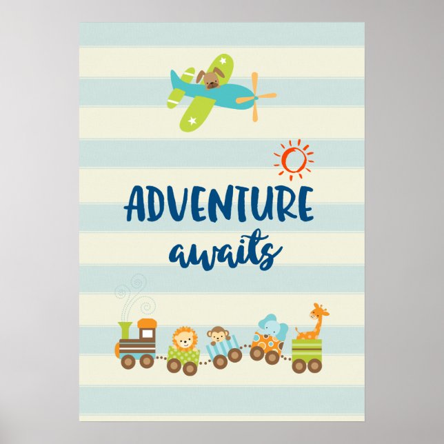Animal Toy Train and Airplane Adventure Awaits Poster (Front)