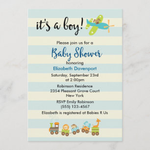 Animal Toy Train and Airplane Baby Boy Shower Invitation