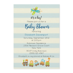 Animal Toy Train and Airplane Baby Boy Shower Invitation