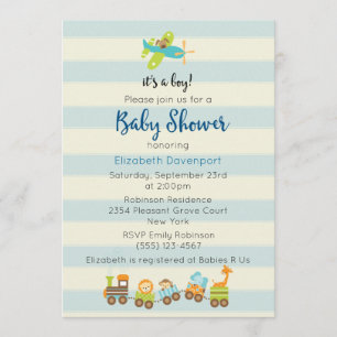 Animal Toy Train and Airplane Baby Boy Shower Invitation