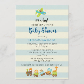 Animal Toy Train and Airplane Baby Boy Shower Invitation