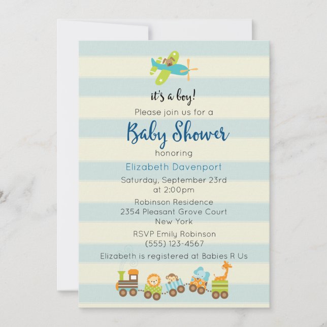 Animal Toy Train and Airplane Baby Boy Shower Invitation (Front)
