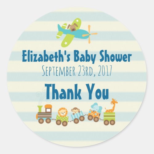 Animal Toy Train and Airplane Baby Shower Thanks Classic Round Sticker