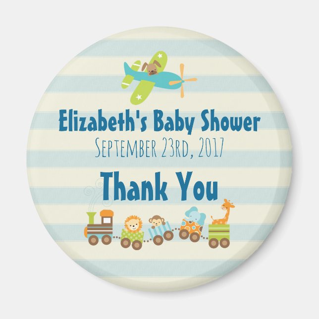 Animal Toy Train and Airplane Baby Shower Thanks Magnet (Front)