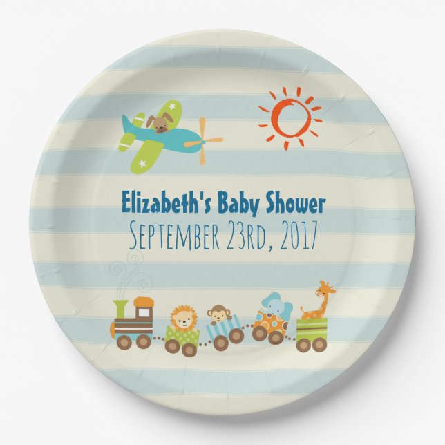 Animal Toy Train and Airplane Boy Baby Shower Paper Plates (Front)