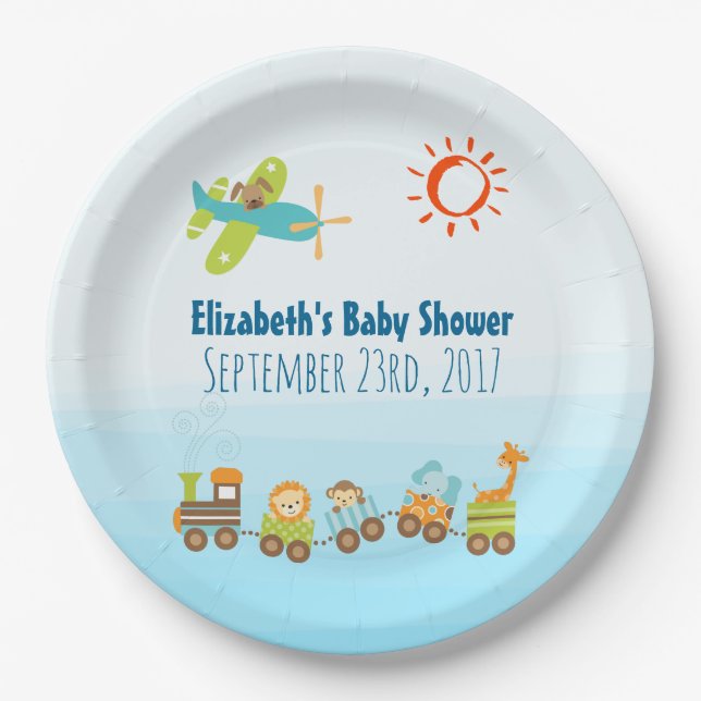 Animal Toy Train and Airplane Boy Baby Shower Paper Plates (Front)