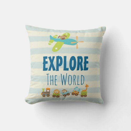 Animal Toy Train and Airplane Explore The World Throw Pillow