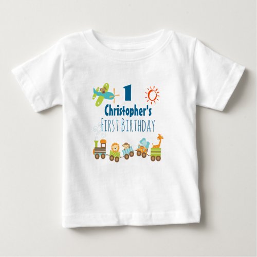 Animal Toy Train and Airplane First Birthday Baby T_Shirt