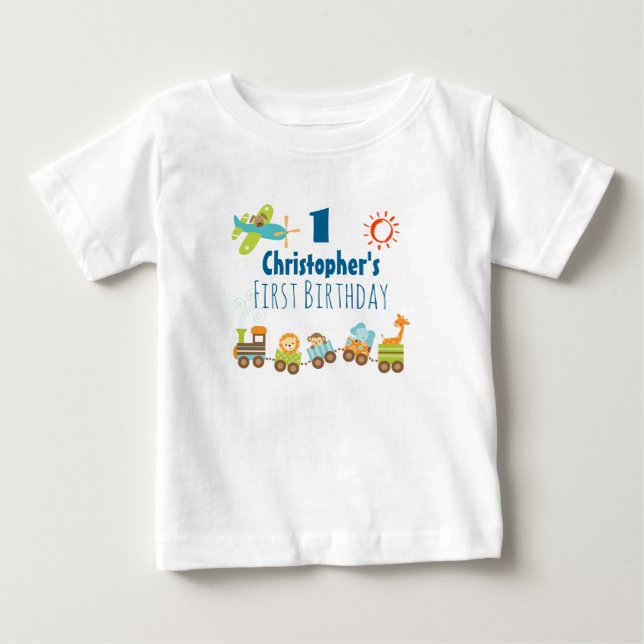 Animal Toy Train and Airplane First Birthday Baby T-Shirt (Front)