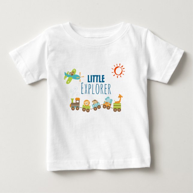 Animal Toy Train and Airplane Little Explorer Baby T-Shirt (Front)