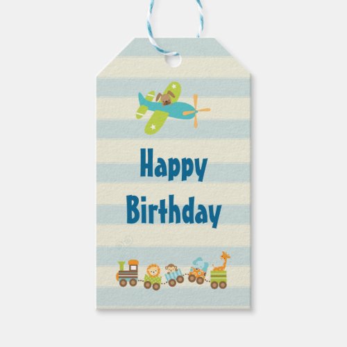 Animal Toy Train and Airplane on Stripes Birthday Gift Tags