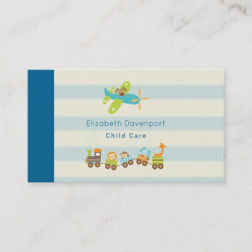Animal Toy Train and Airplane on Stripes Business Card