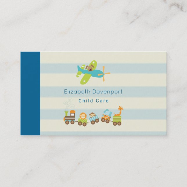 Animal Toy Train and Airplane on Stripes Business Card (Front)