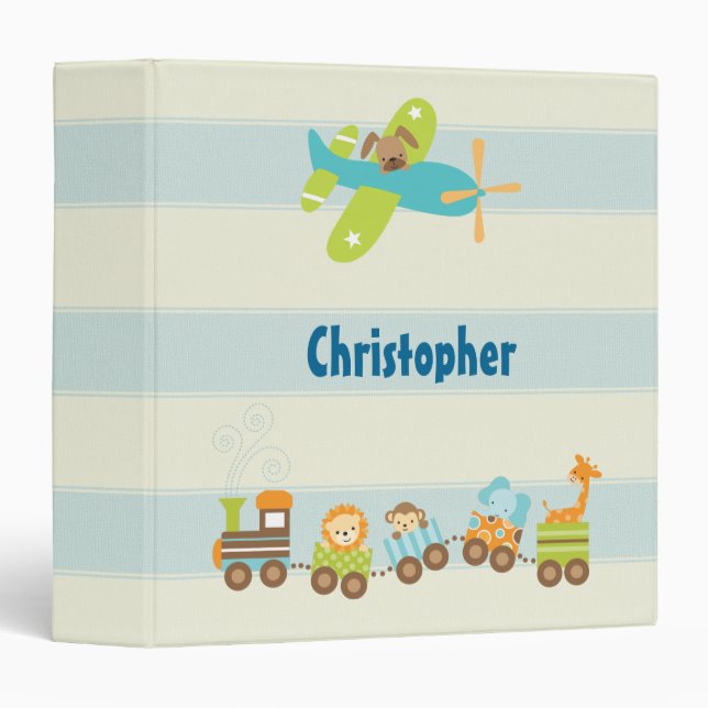 Animal Toy Train and Airplane on Stripes Custom Binder (Front/Spine)