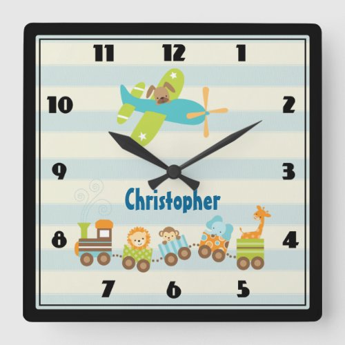 Animal Toy Train and Airplane on Stripes Custom Square Wall Clock
