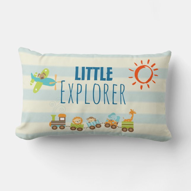 Animal Toy Train and Airplane on Stripes Lumbar Pillow (Front)