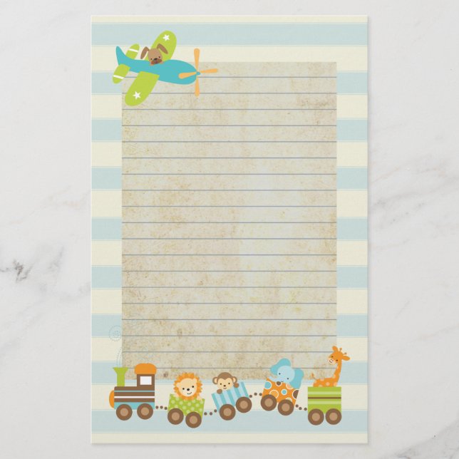 Animal Toy Train and Airplane on Stripes Stationery (Front)