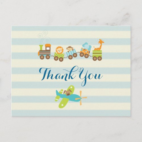 Animal Toy Train and Airplane on Stripes Thank You Postcard