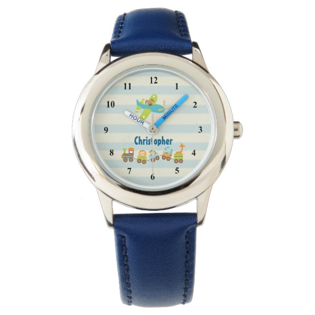 Animal Toy Train and Airplane on Stripes Watch (Front)