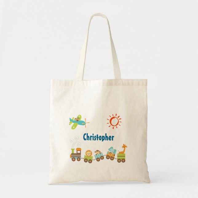 Animal Toy Train and Airplane Personalized Tote Bag (Front)
