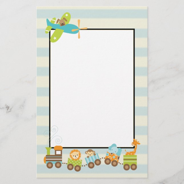Animal Toy Train and Doggy Airplane on Stripes Stationery (Front)