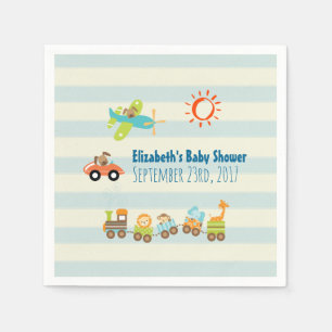 Animal Toy Train, Car and Airplane on Stripes Paper Napkins