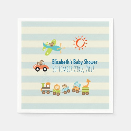 Animal Toy Train Car and Airplane on Stripes Paper Napkins