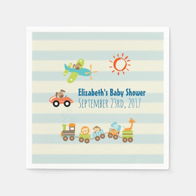 Animal Toy Train, Car and Airplane on Stripes Paper Napkins (Front)