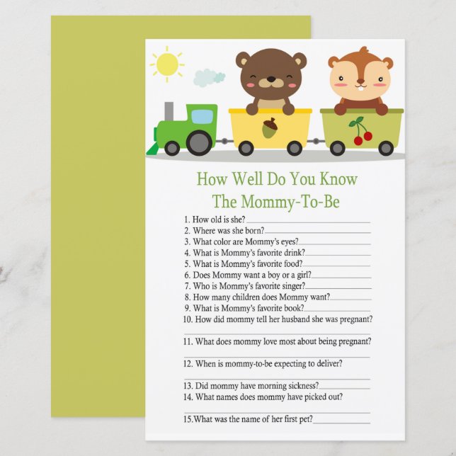 Animal train how well do you know baby shower game (Front/Back)