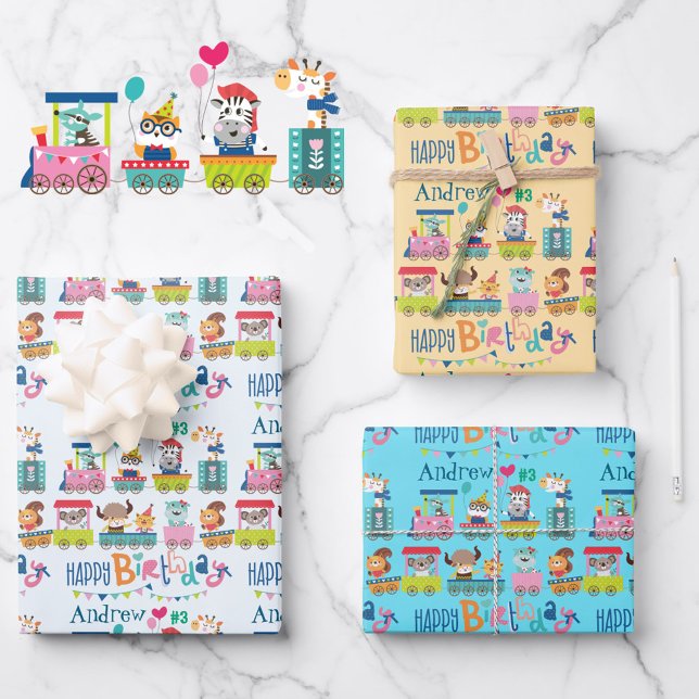 Animal Train Personalize Name Boy's Birthday 3 Wrapping Paper Sheets (Creator Uploaded)