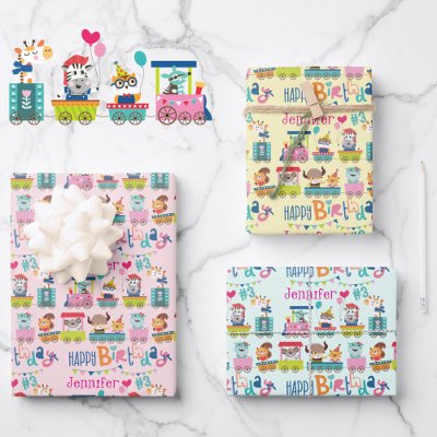 Animal Train Personalize Name Girls Birthday 3 Wrapping Paper Sheets