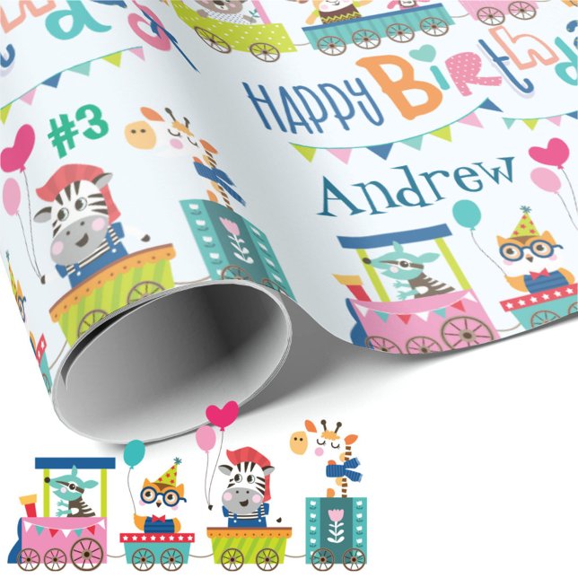 Animal Train Personalize Name Kids Birthday Wrapping Paper (Creator Uploaded)