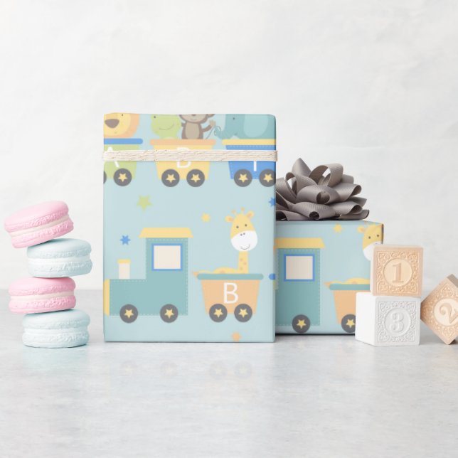 Animal Trains Boy Baby Shower Green Blue Wrapping Paper (Baby Shower)