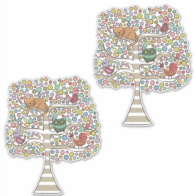 Animal Tree Art Illustration Painting Birds Cat Sticker (Front)