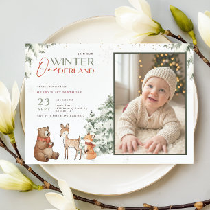 Animal Winter Onederland Kid Photo First Birthday Invitation