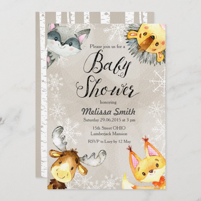 Animal Winter Woodland Baby Shower Invitations (Front/Back)