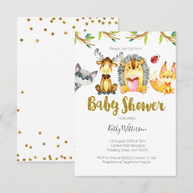 Animal Woodland Creatures Baby Shower Invite (Front/Back)